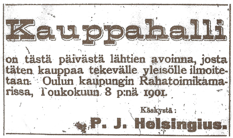 P.J. Helsingiuksen ilmoitus Kalevassa kauppiaiden siirtämisestä sisälle